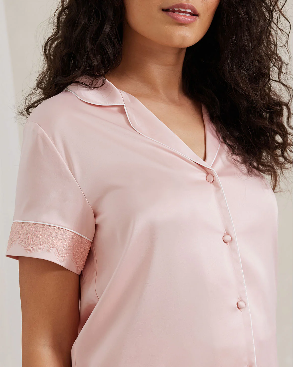 Satin Lace Trim Short Pyjama Set - Blush - Image 3