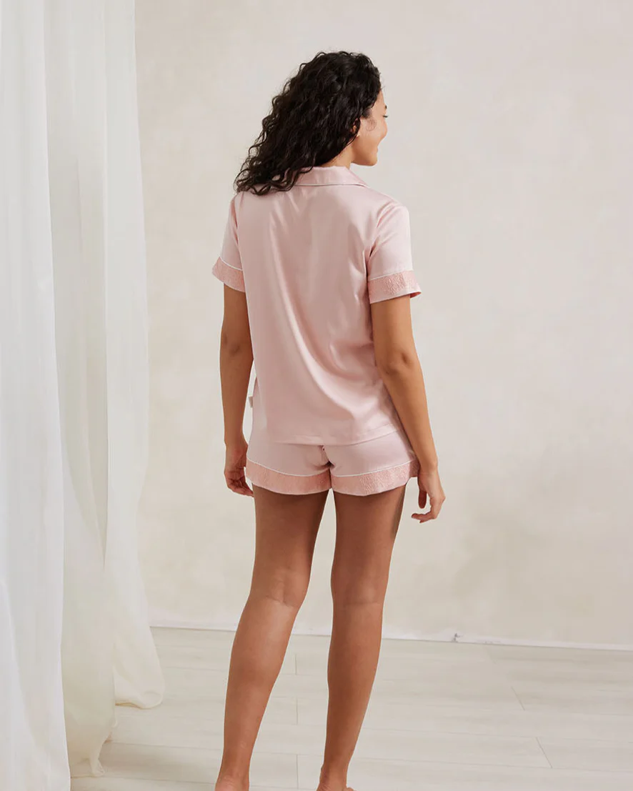 Satin Lace Trim Short Pyjama Set - Blush - Image 5