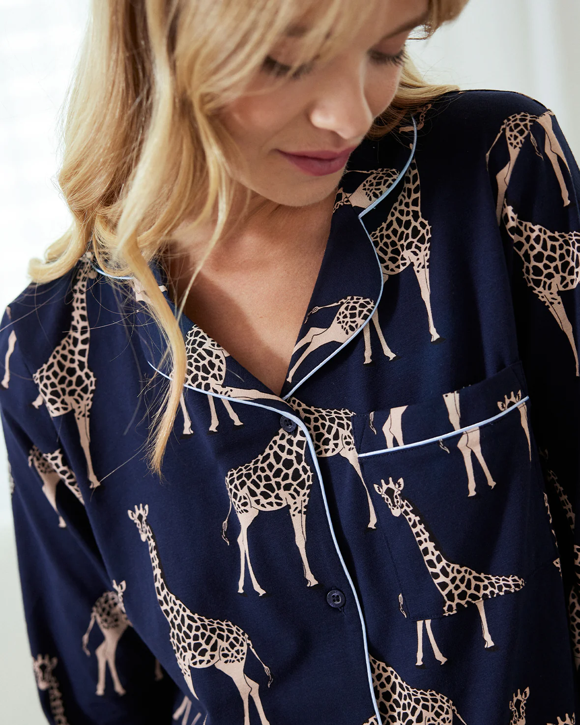 Organic Cotton Giraffe Print Long Pyjama Set - Navy - Image 3