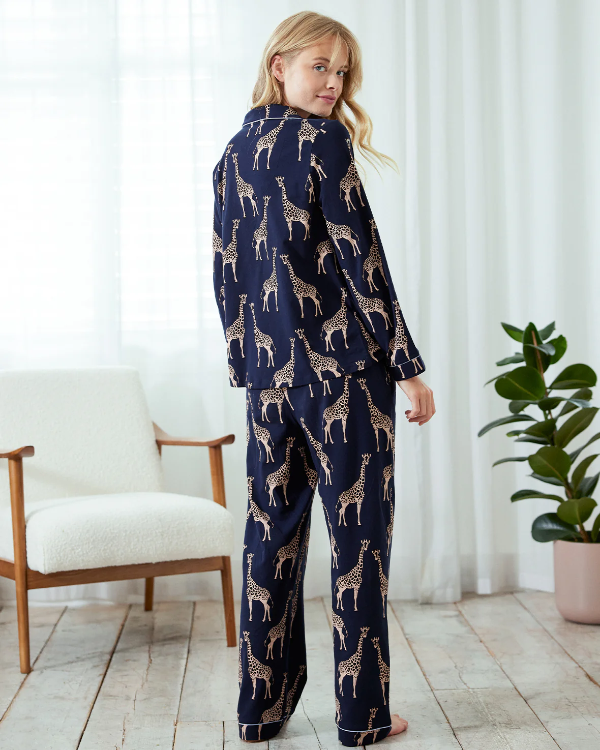 Organic Cotton Giraffe Print Long Pyjama Set - Navy - Image 5