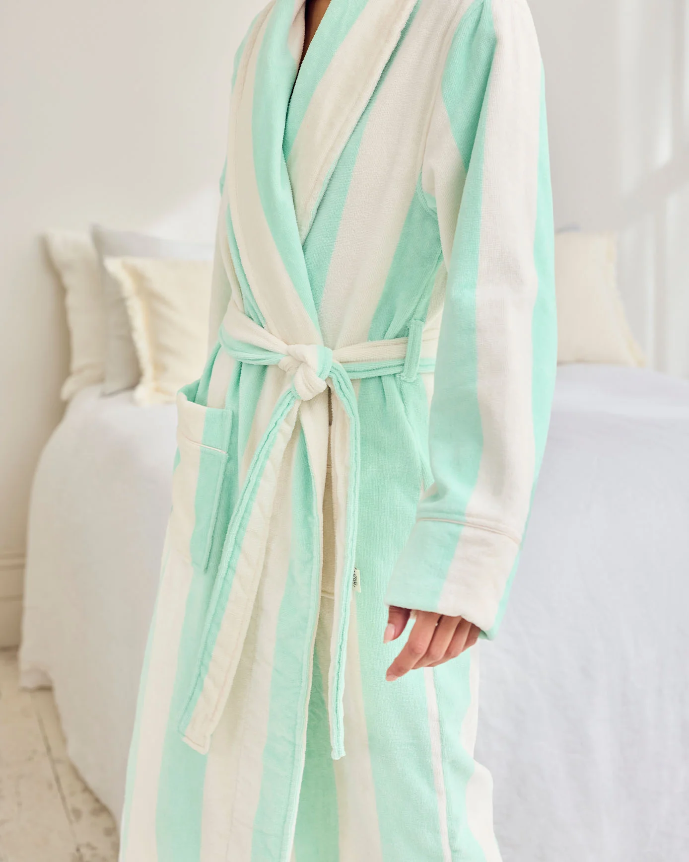 Cotton Towelling Stripe Dressing Gown - Aqua - Image 4