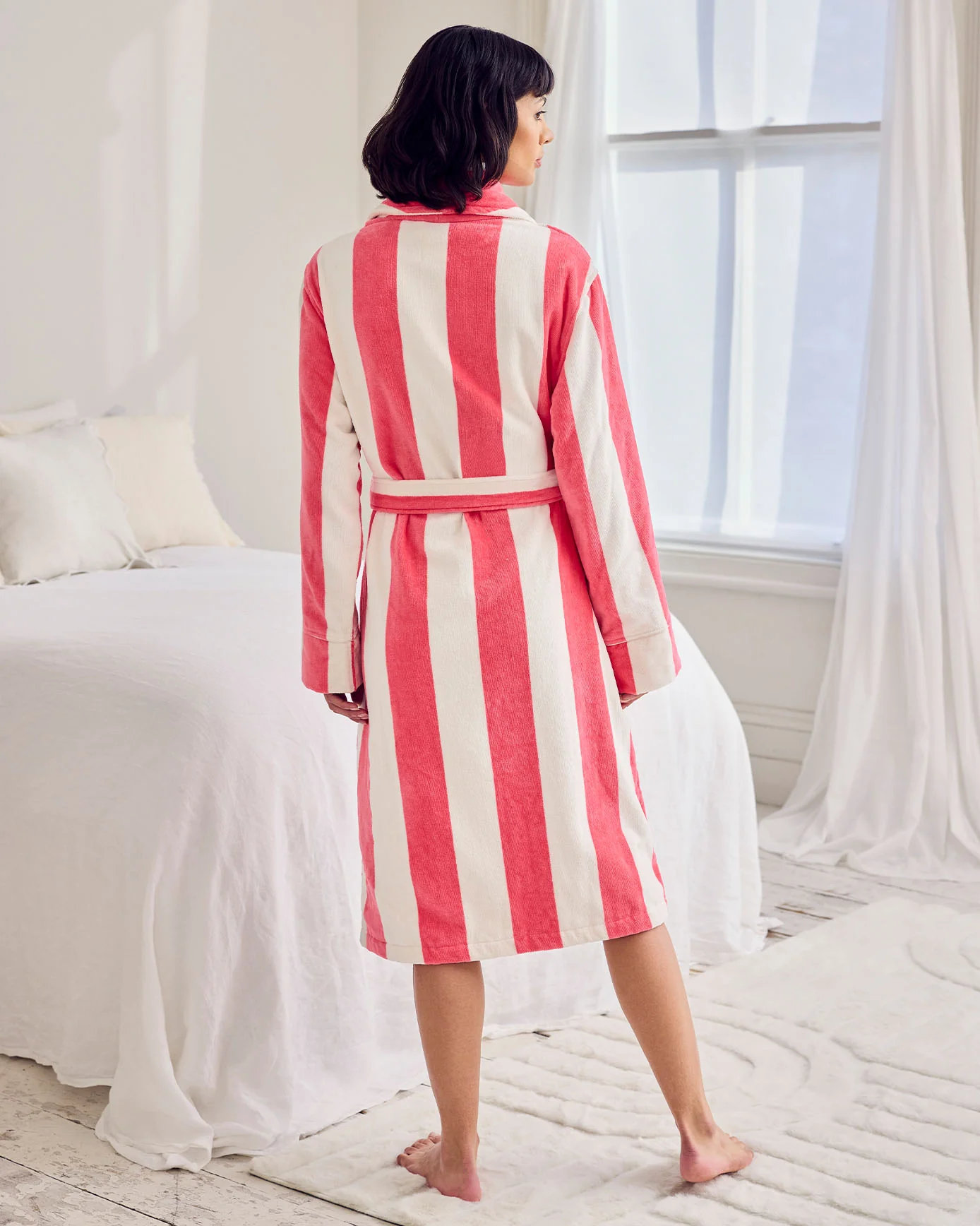 Cotton Towelling Stripe Dressing Gown - Pink - Image 3