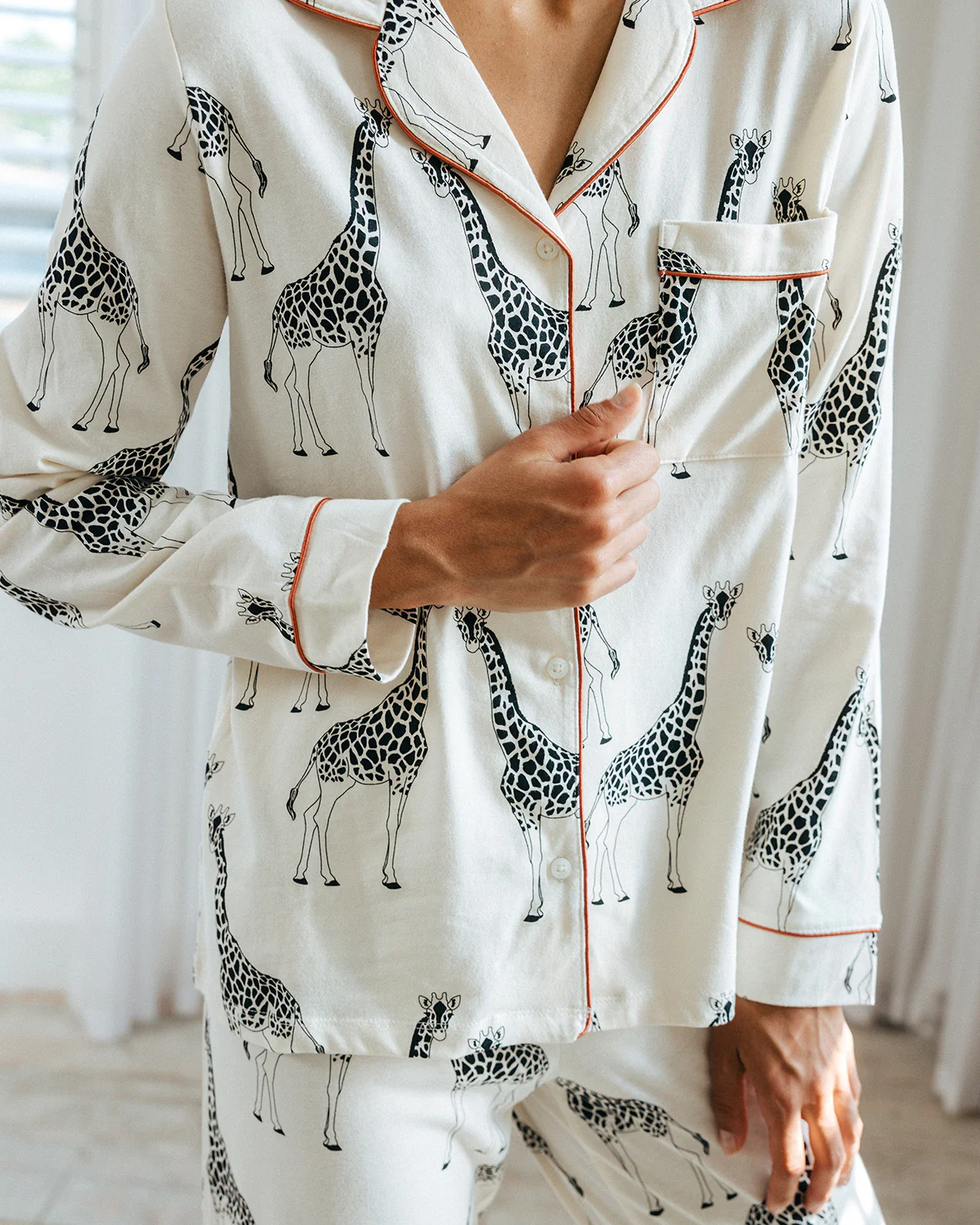 Organic Cotton Giraffe Print Long Pyjama Set - Cream - Image 5