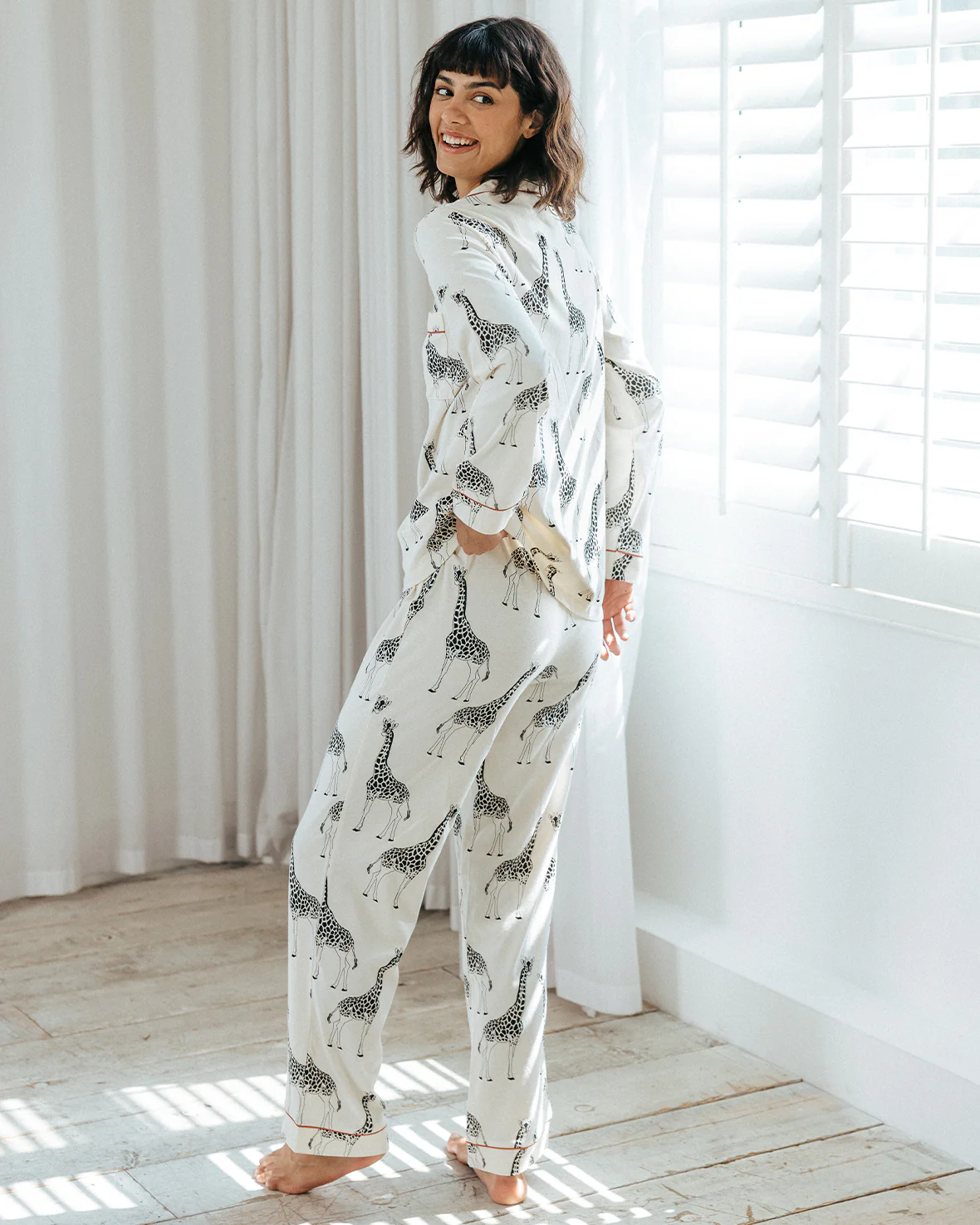 Organic Cotton Giraffe Print Long Pyjama Set - Cream - Image 6