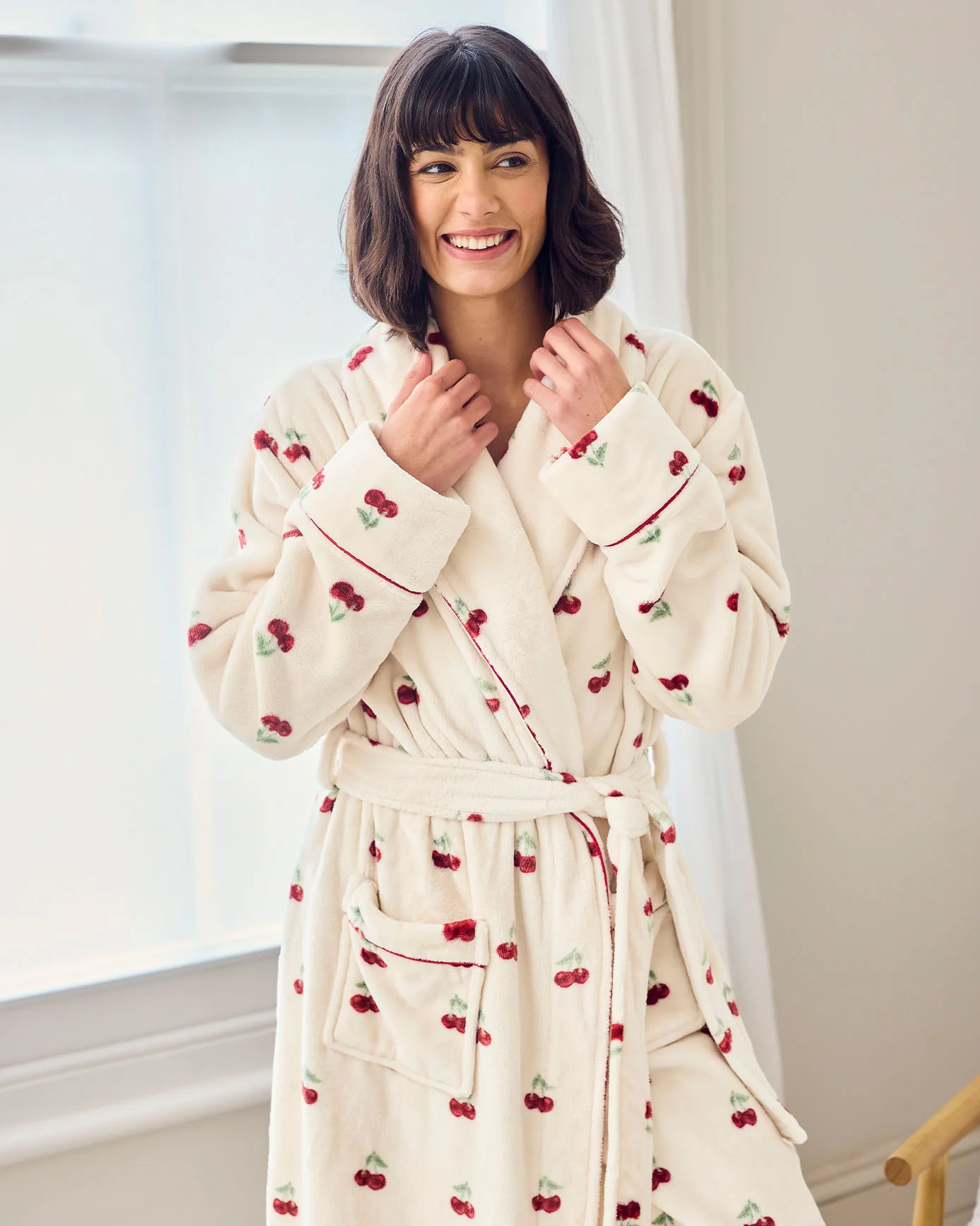 Fleece Cherry Print Long Dressing Gown - Image 3