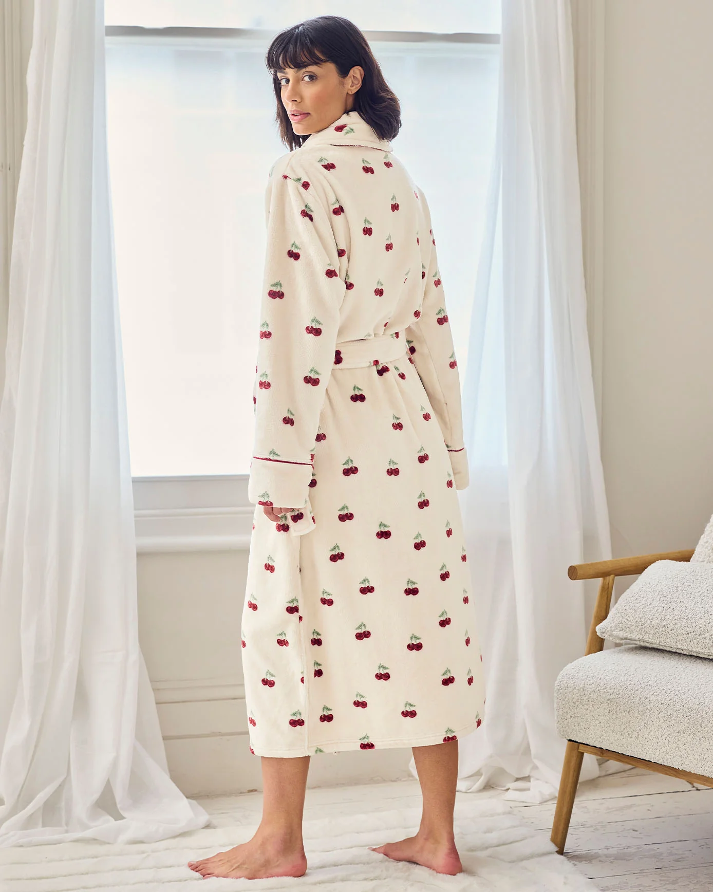 Fleece Cherry Print Long Dressing Gown - Image 4