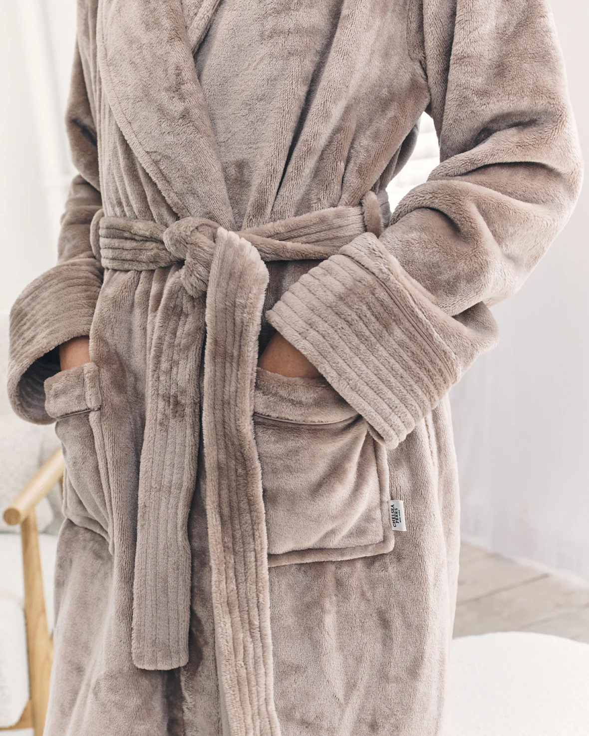 Fleece Long Dressing Gown - Beige - Image 3