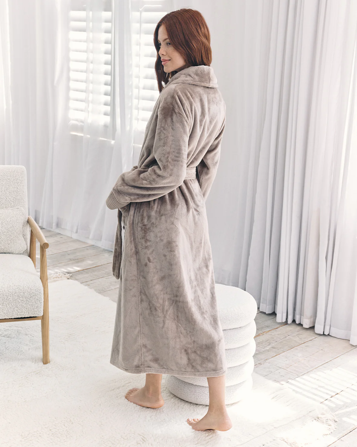 Fleece Long Dressing Gown - Beige - Image 5