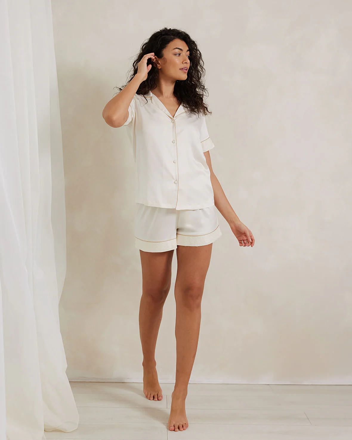 Satin Lace Trim Short Pyjama Set - Ivory - Image 3