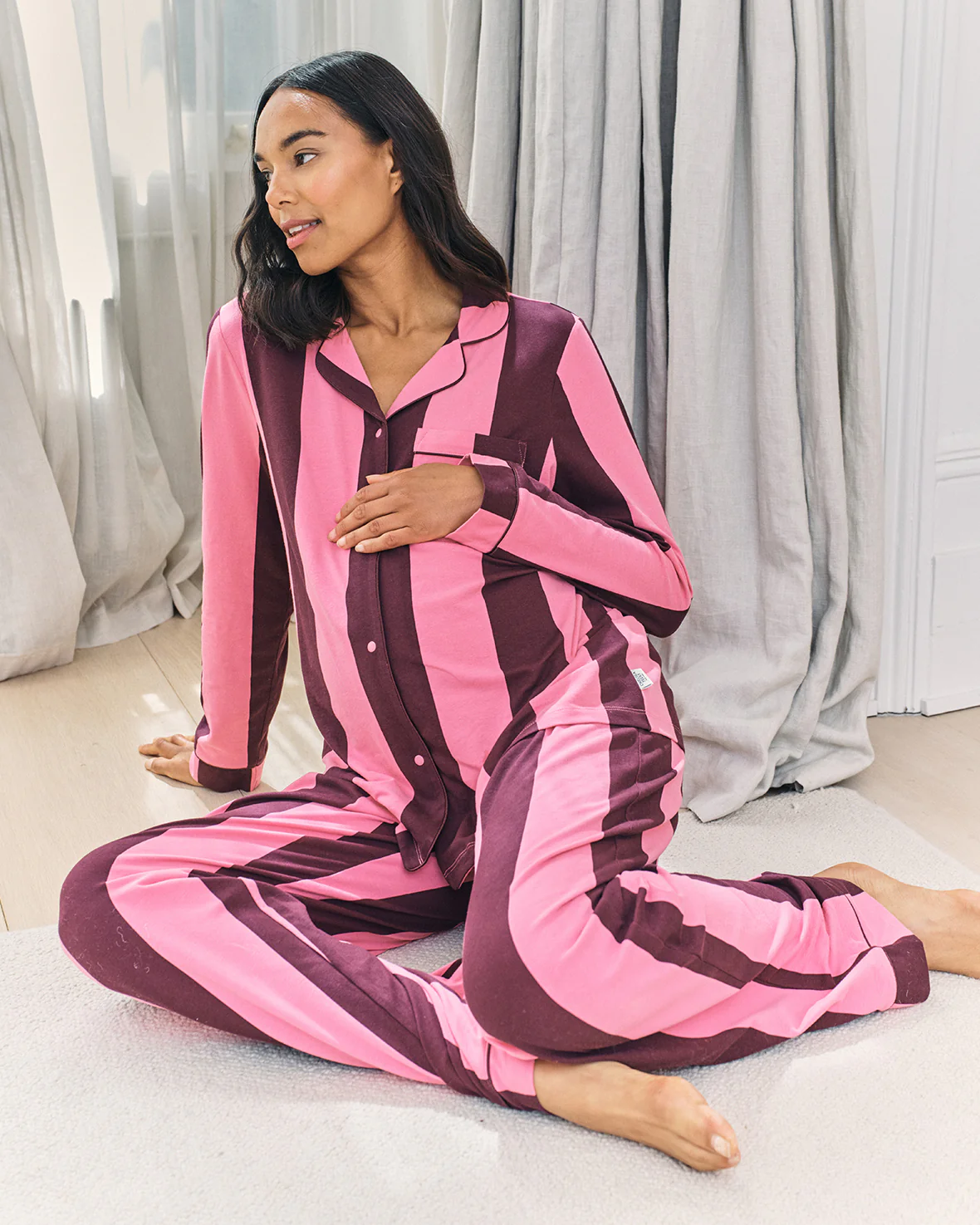 Maternity Organic Cotton Stripe Long Pyjama Set - Pink - Image 6