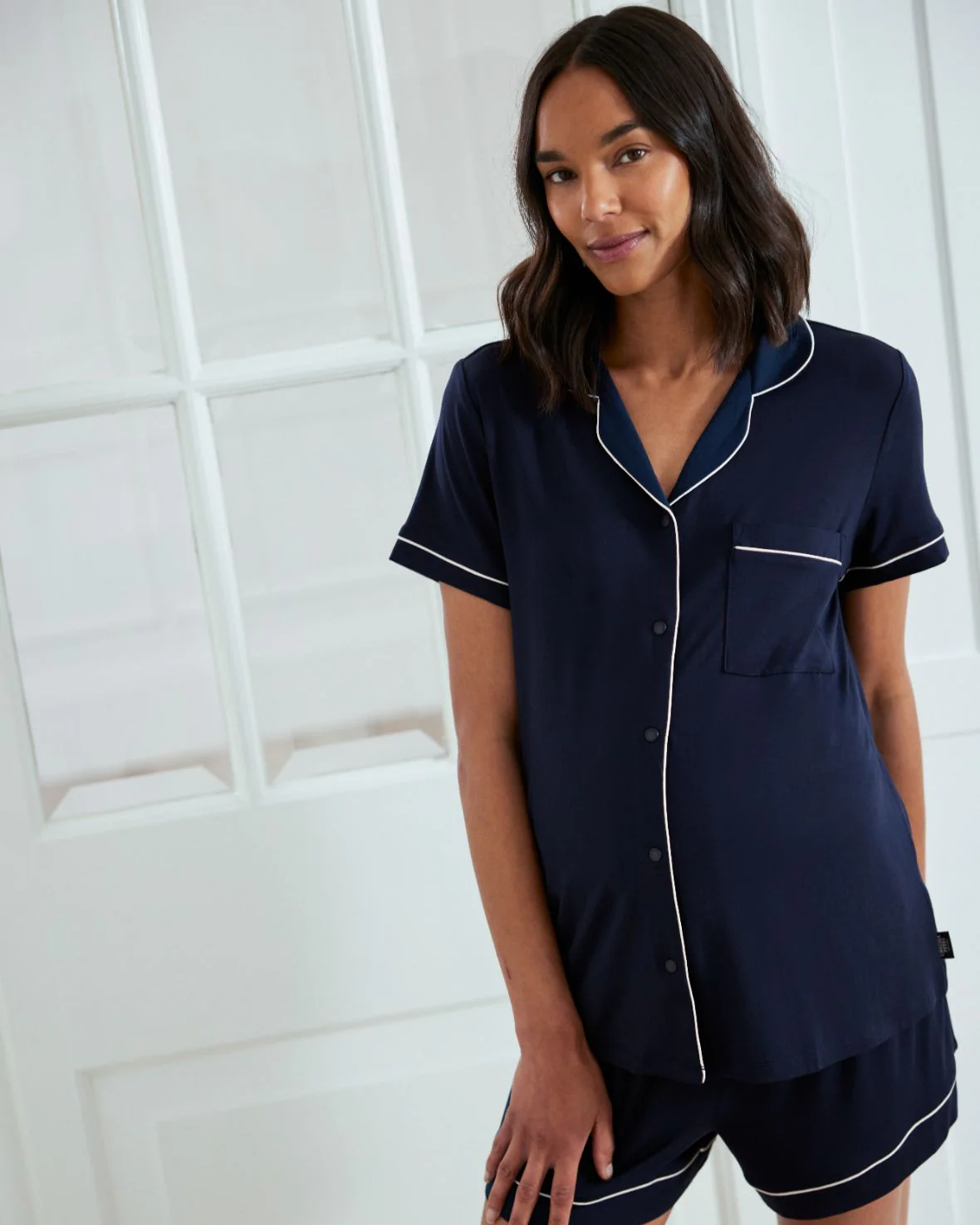 Maternity TENCEL™ Modal Short Button Up Pyjama Set - Navy - Image 4