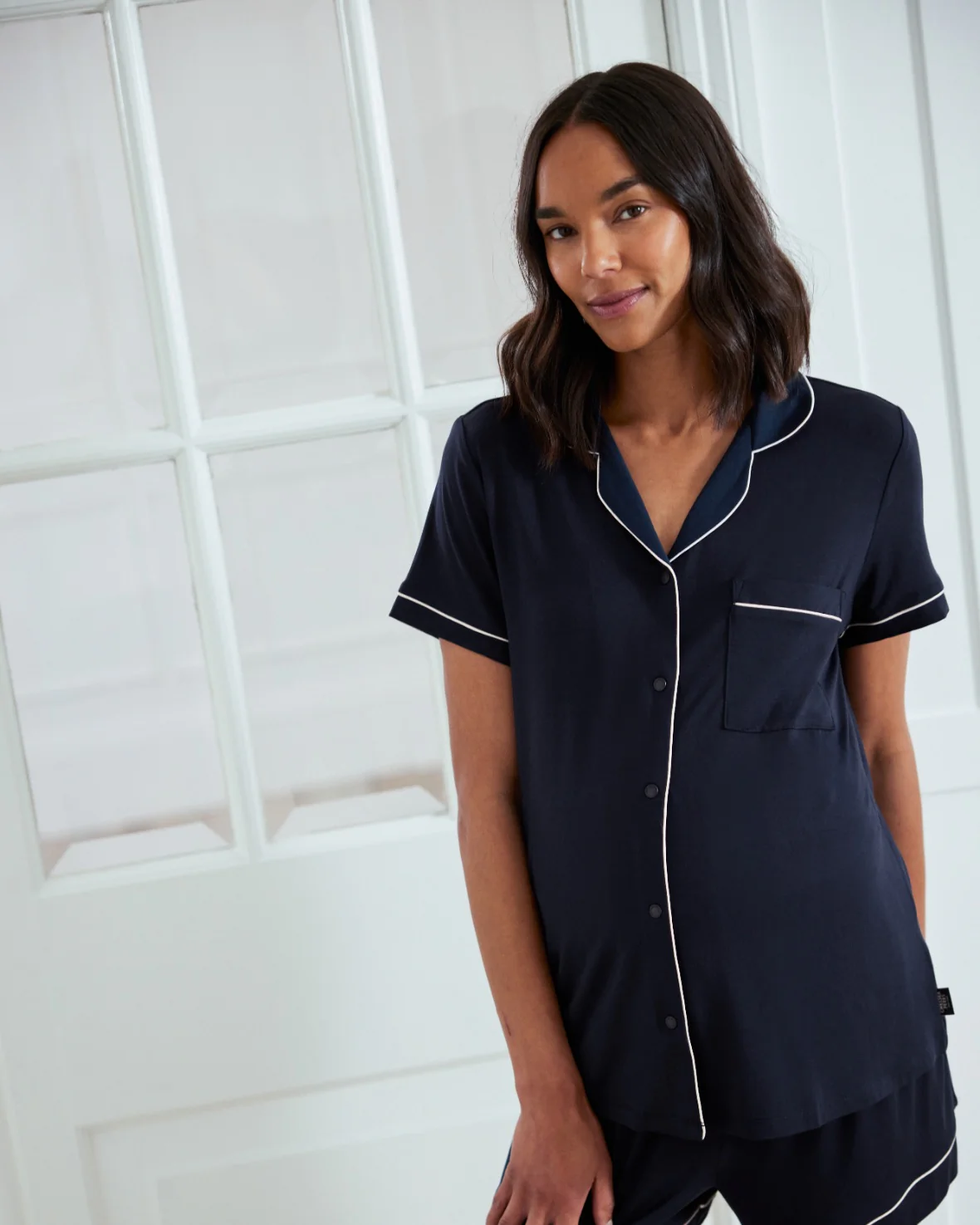 Maternity TENCEL™ Modal Short Button Up Pyjama Set - Navy - Image 9