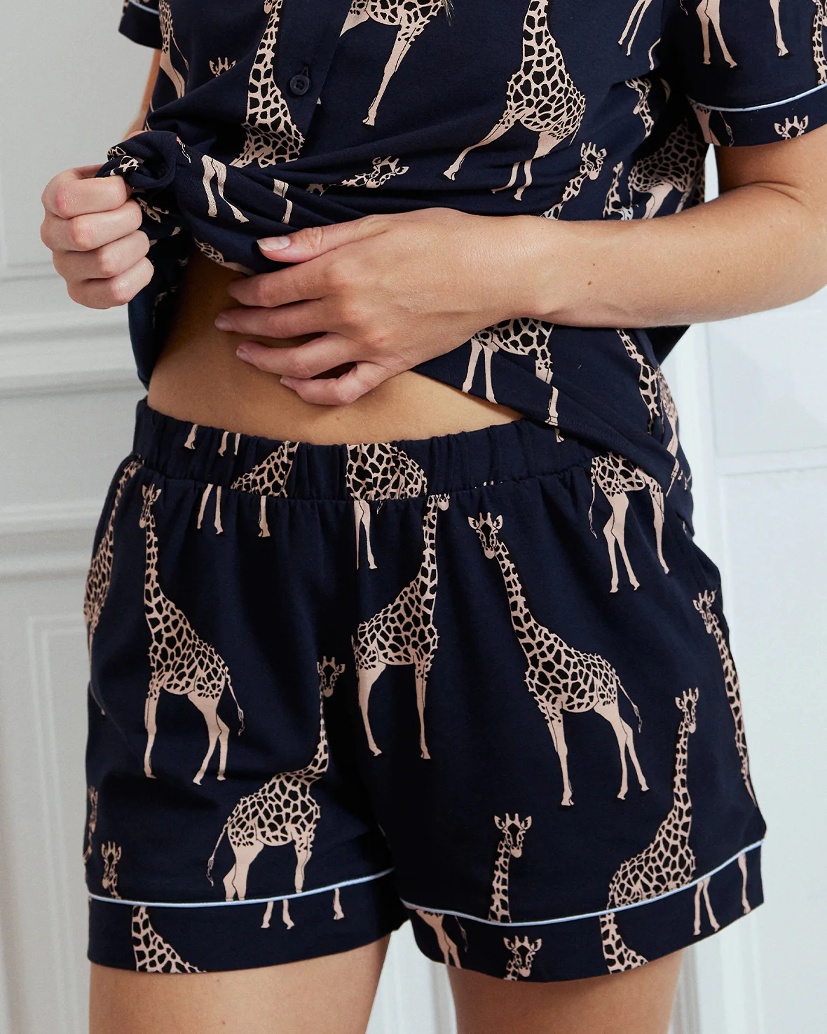 Organic Cotton Giraffe Print Short Pyjama Set - Navy - Image 3
