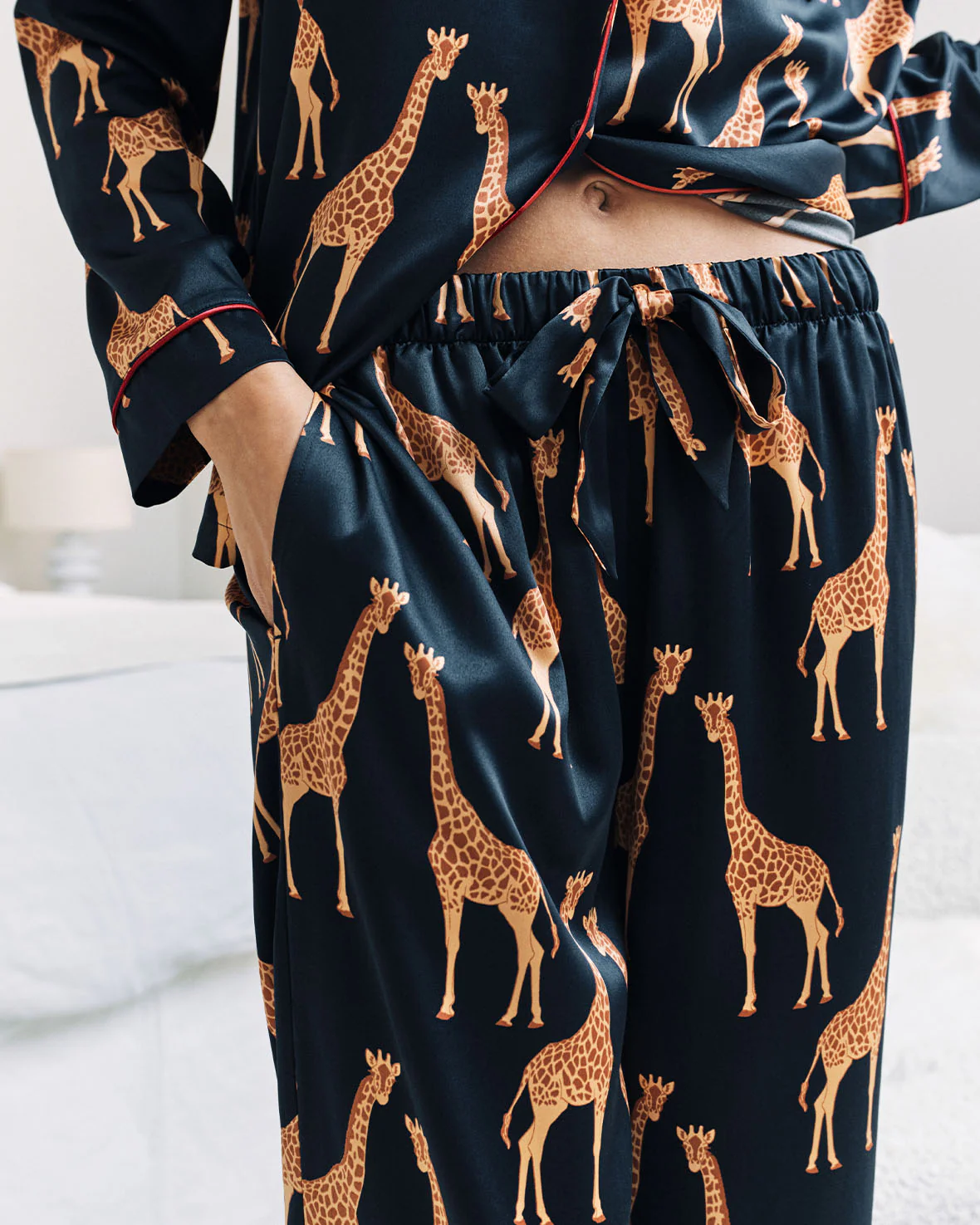 Satin Giraffe Print Long Pyjama Set - Navy - Image 3