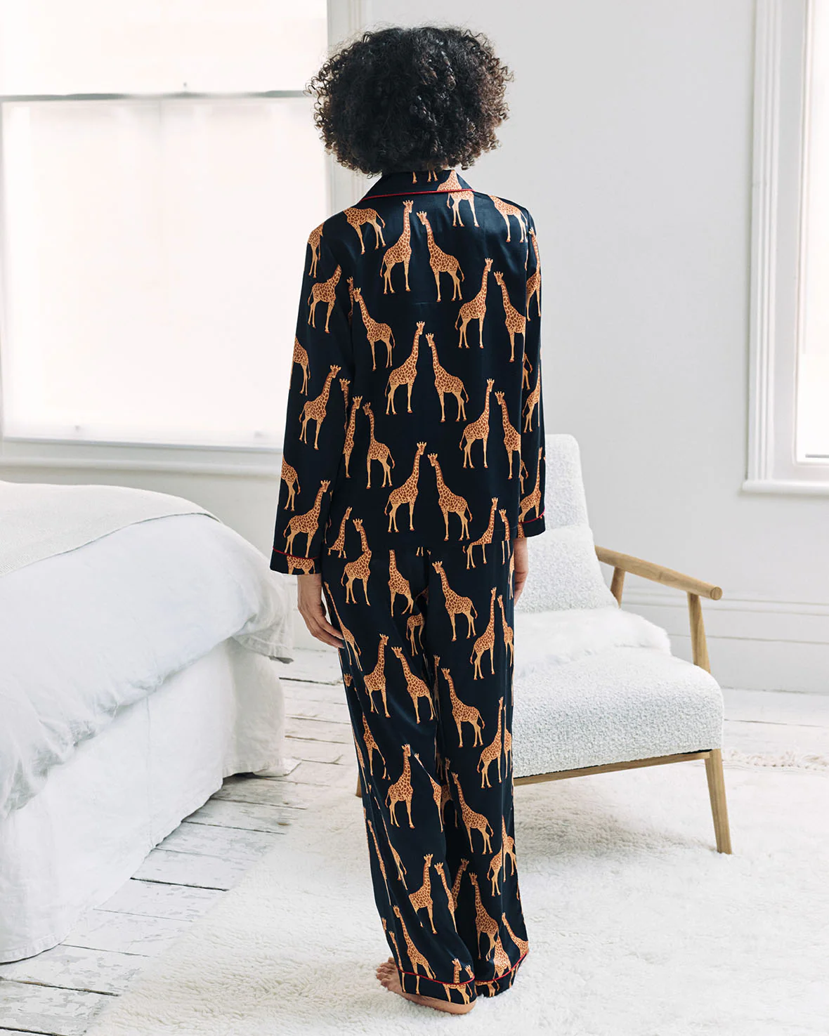 Satin Giraffe Print Long Pyjama Set - Navy - Image 4