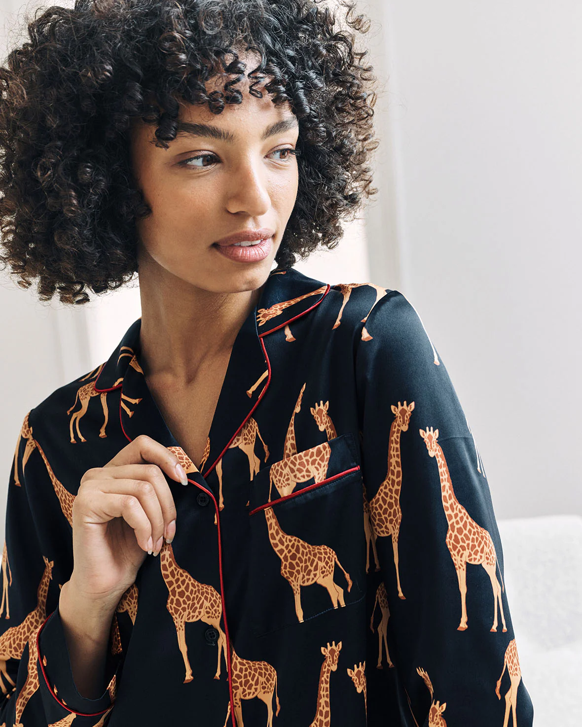 Satin Giraffe Print Long Pyjama Set - Navy - Image 5