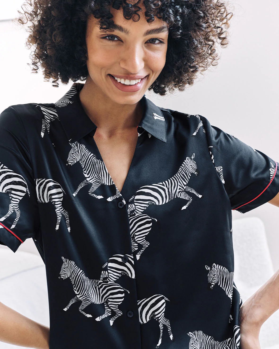 Satin Zebra Print Short Pyjama Set - Navy - Image 6