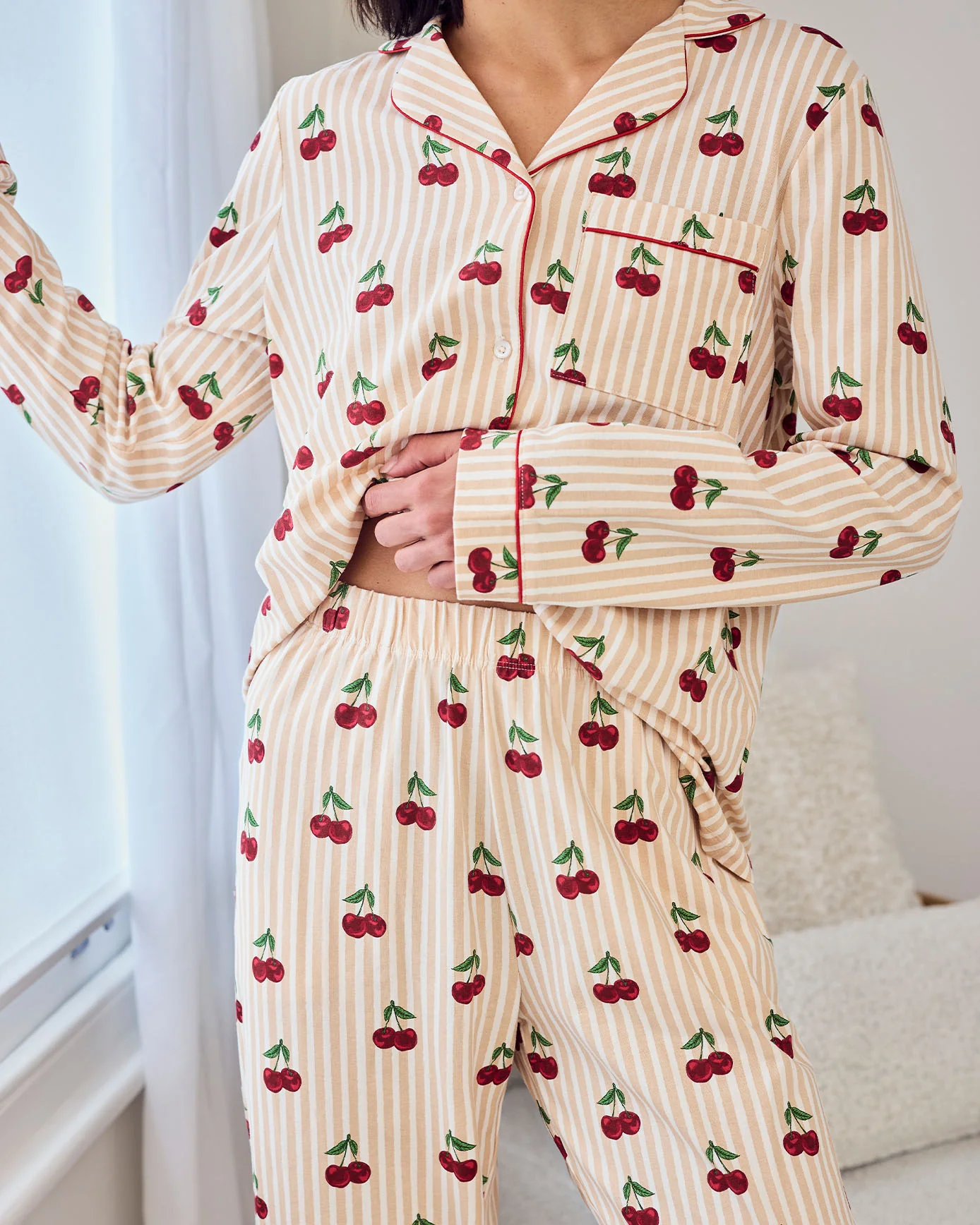 Organic Cotton Cherry Stripe Print Long Pyjama Set - Image 3