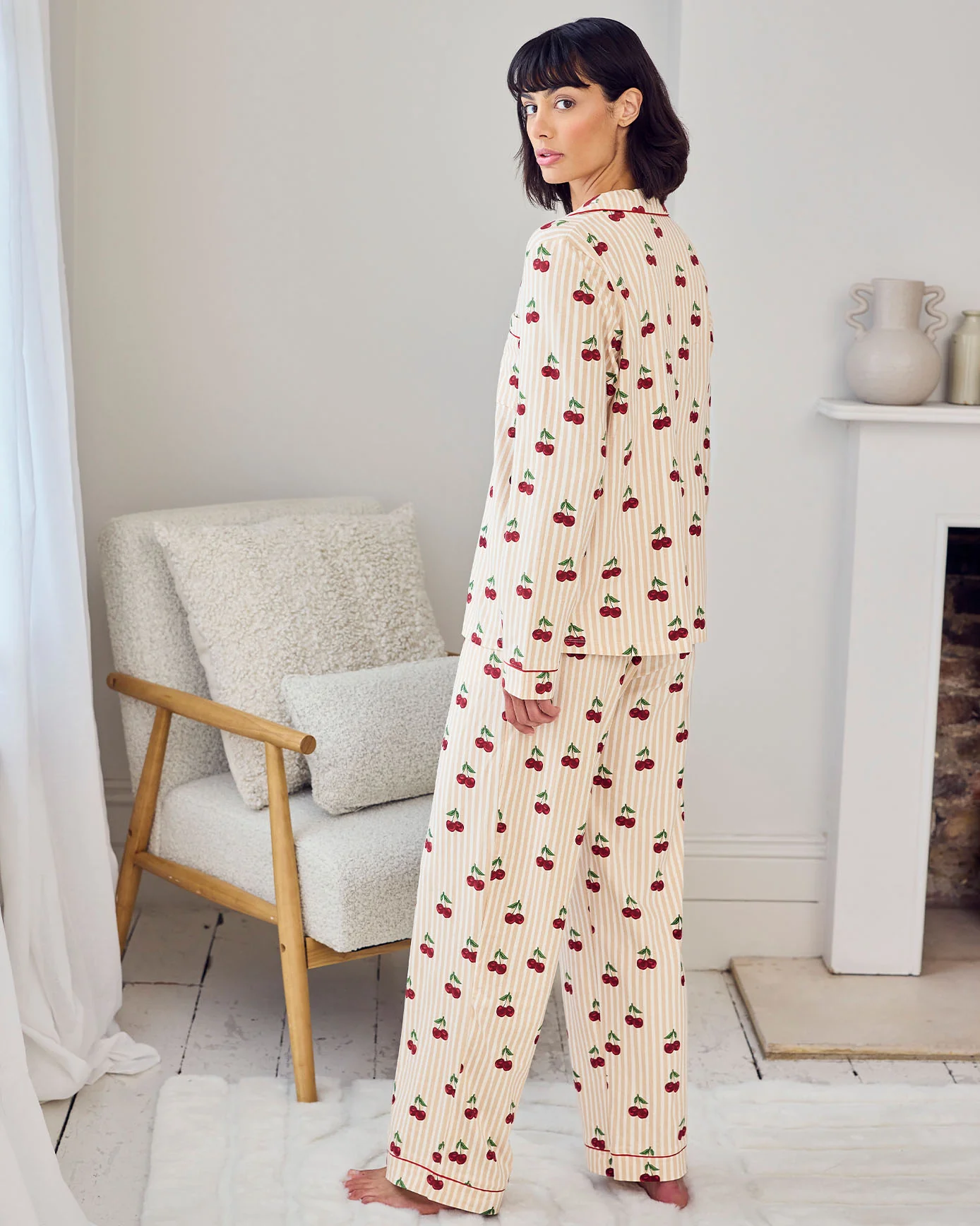 Organic Cotton Cherry Stripe Print Long Pyjama Set - Image 4