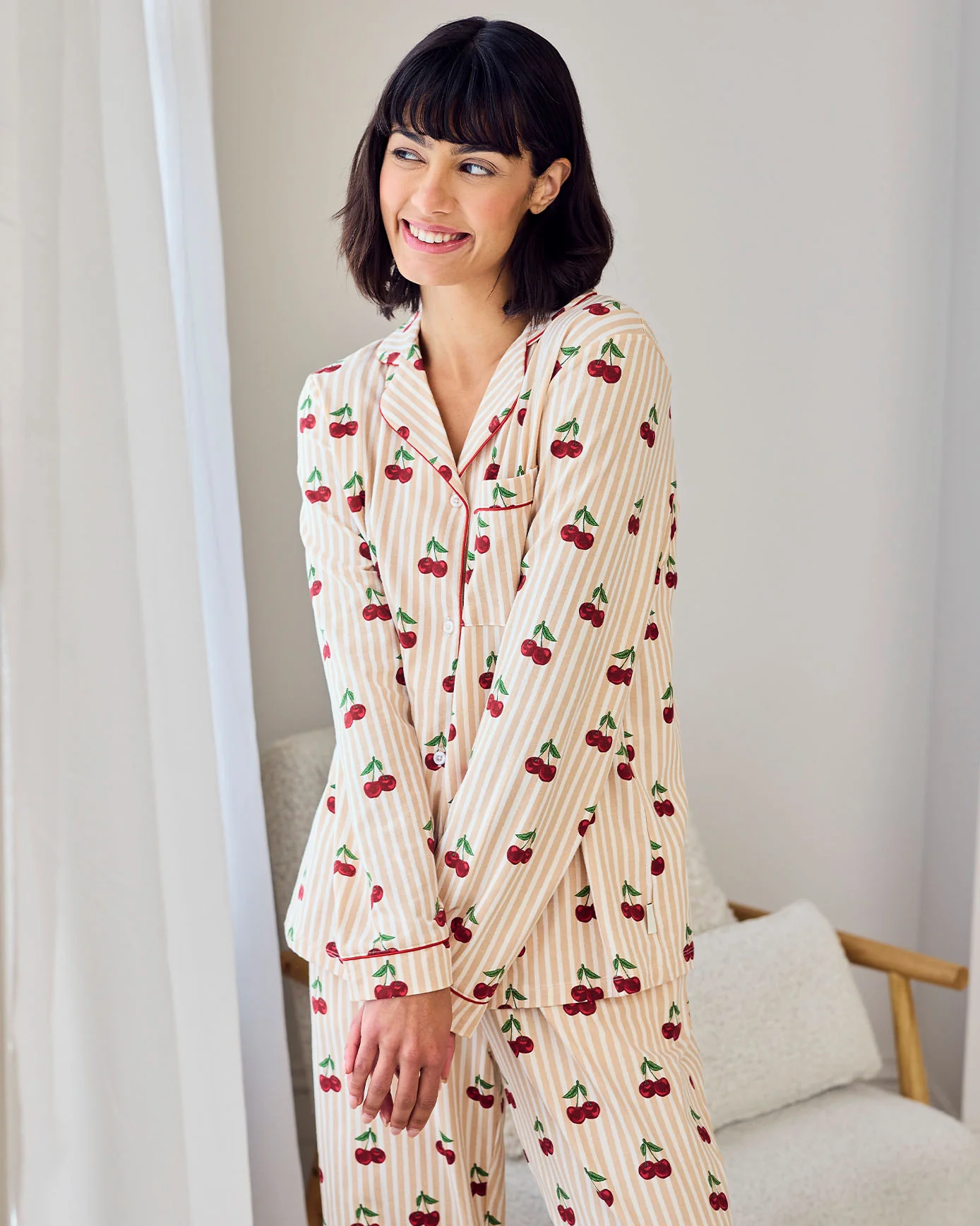 Organic Cotton Cherry Stripe Print Long Pyjama Set - Image 5