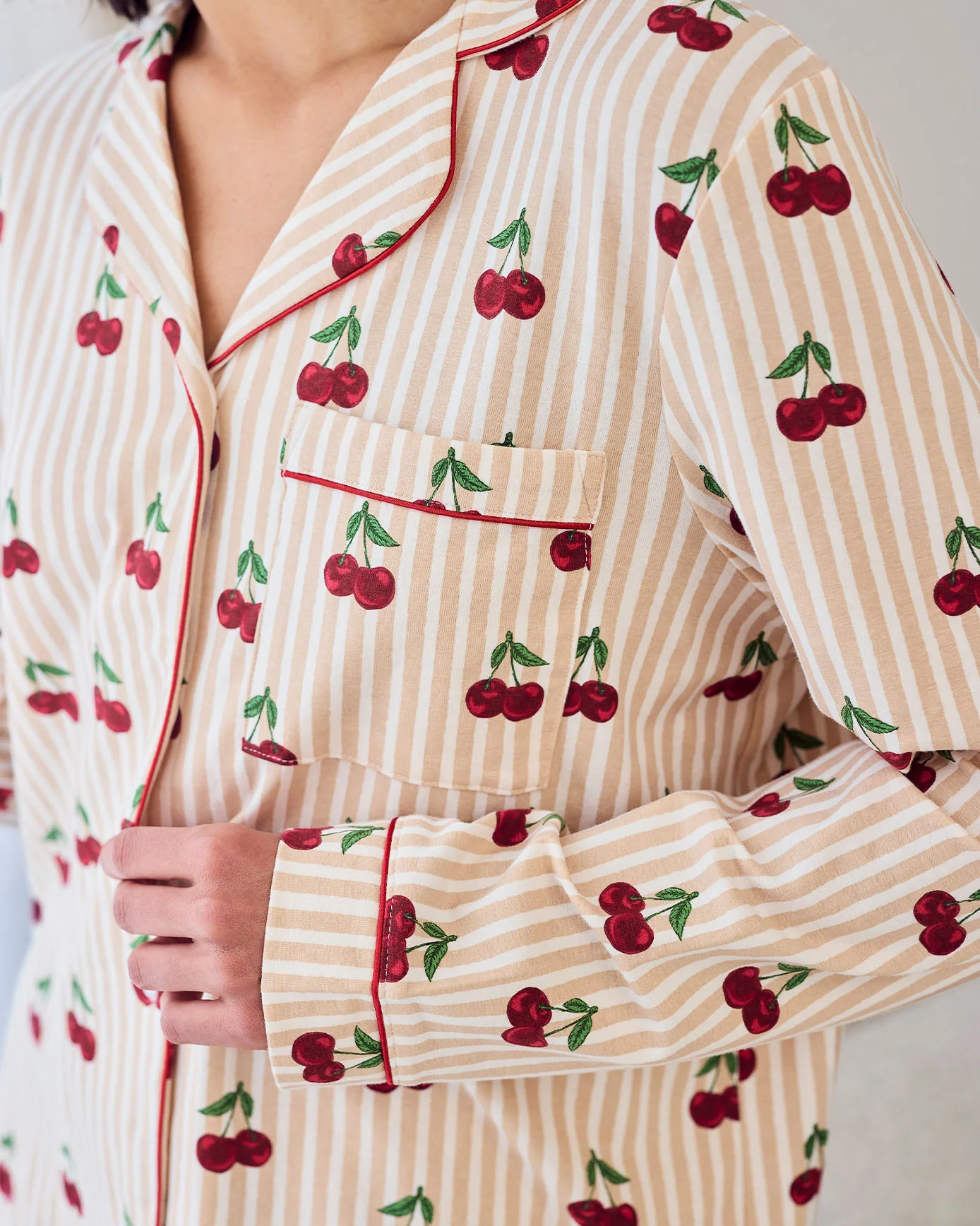 Organic Cotton Cherry Stripe Print Long Pyjama Set - Image 6