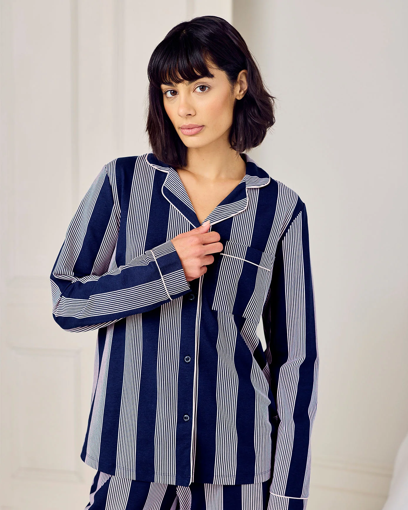 Organic Cotton Stripe Button Up Pyjama Set - Navy - Image 3