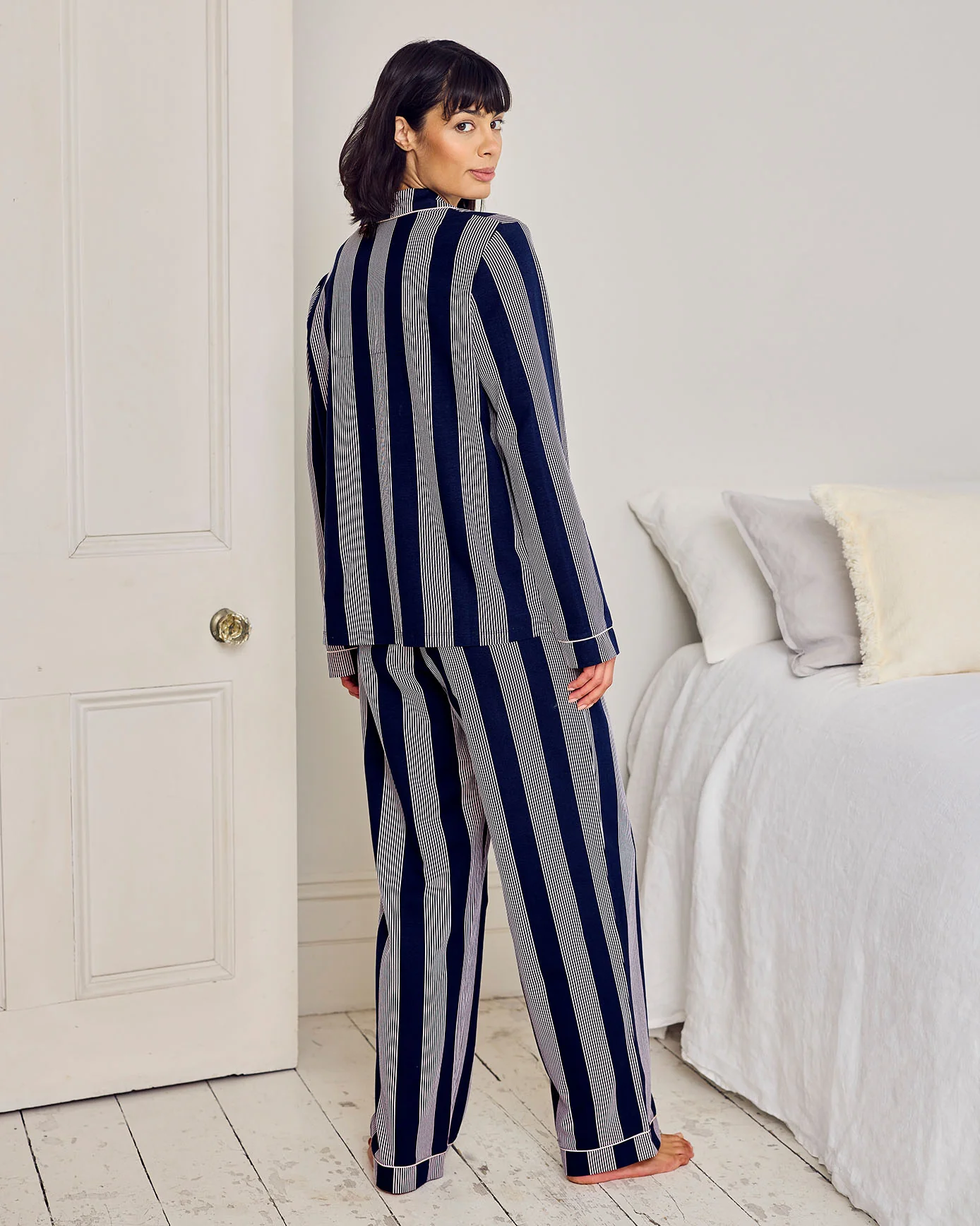 Organic Cotton Stripe Button Up Pyjama Set - Navy - Image 4
