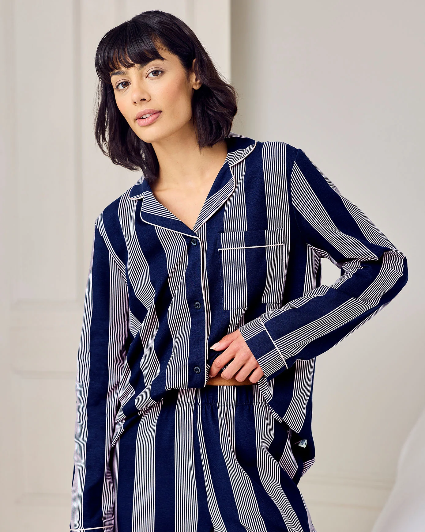 Organic Cotton Stripe Button Up Pyjama Set - Navy - Image 5