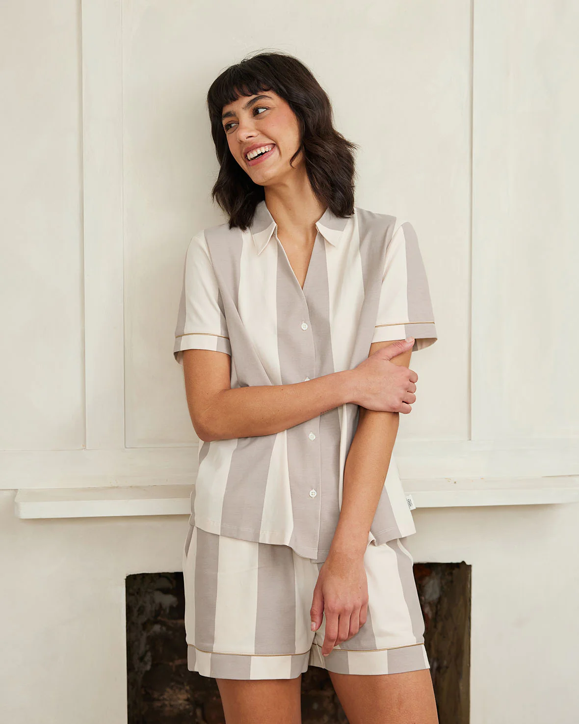 Organic Cotton Stripe Short Pyjama Set - Taupe - Image 4