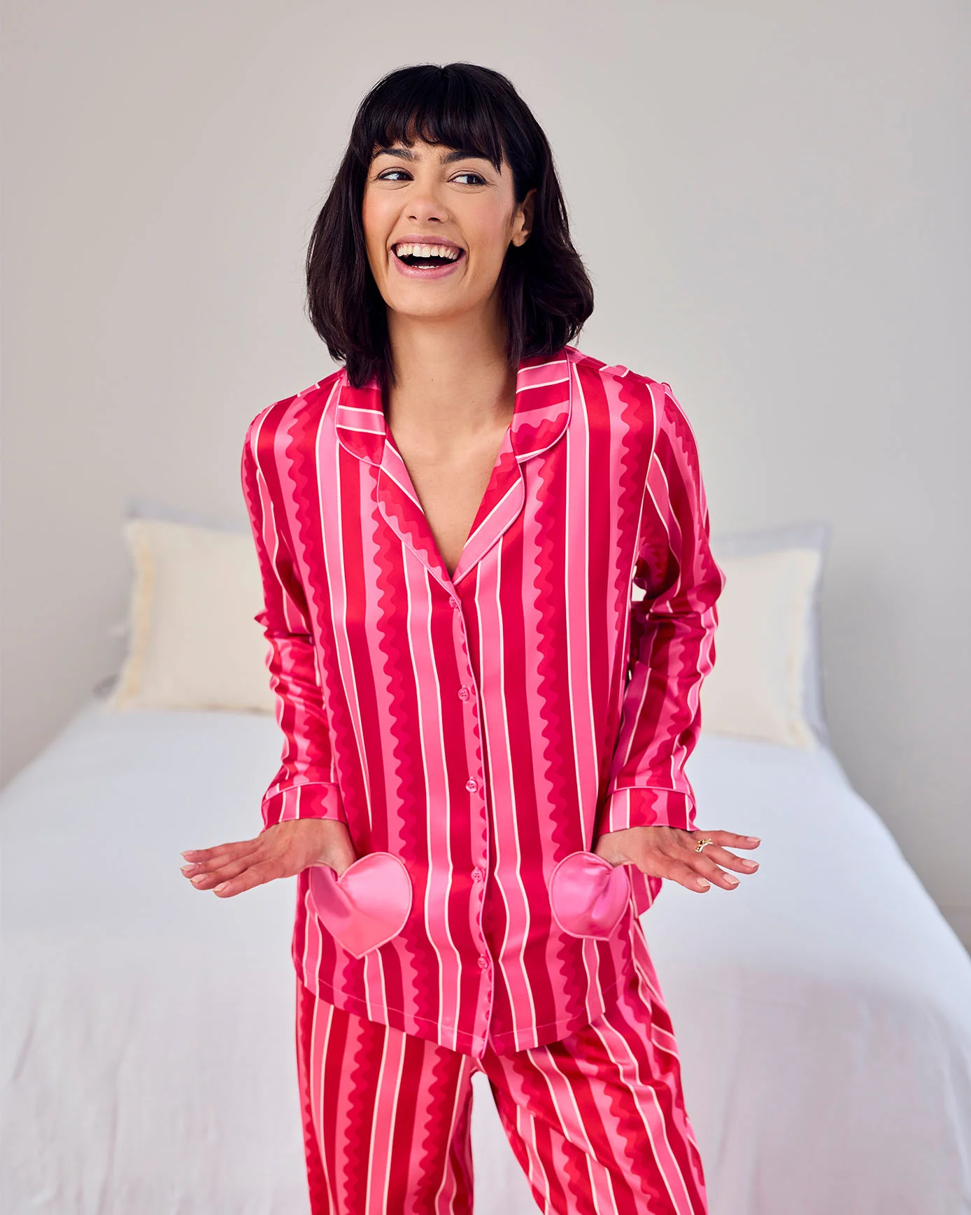 Satin Heart Pocket Striped Long Pyjama Set - Pink - Image 3