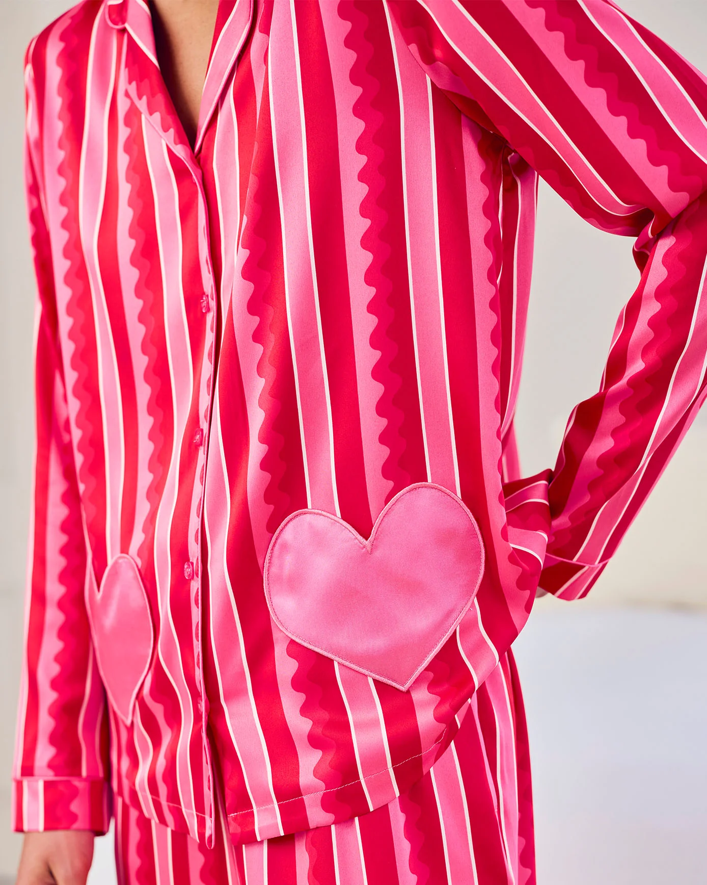 Satin Heart Pocket Striped Long Pyjama Set - Pink - Image 5