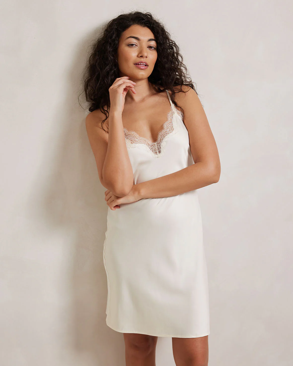 Satin Lace Trim Slip Nightdress - Ivory - Image 3