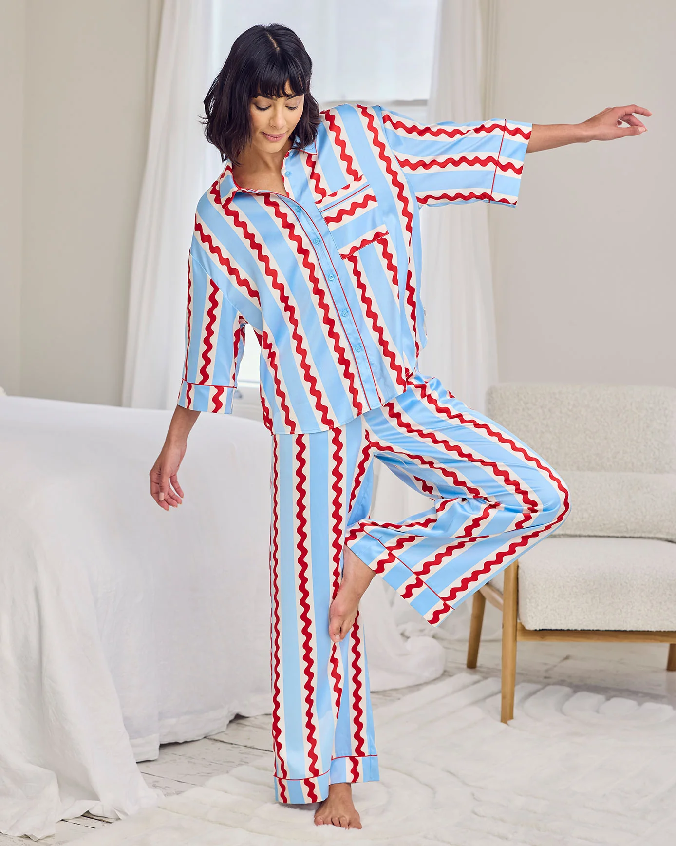 Satin Wavy Stripe Long Pyjama Set - Red, White & Blue - Image 3