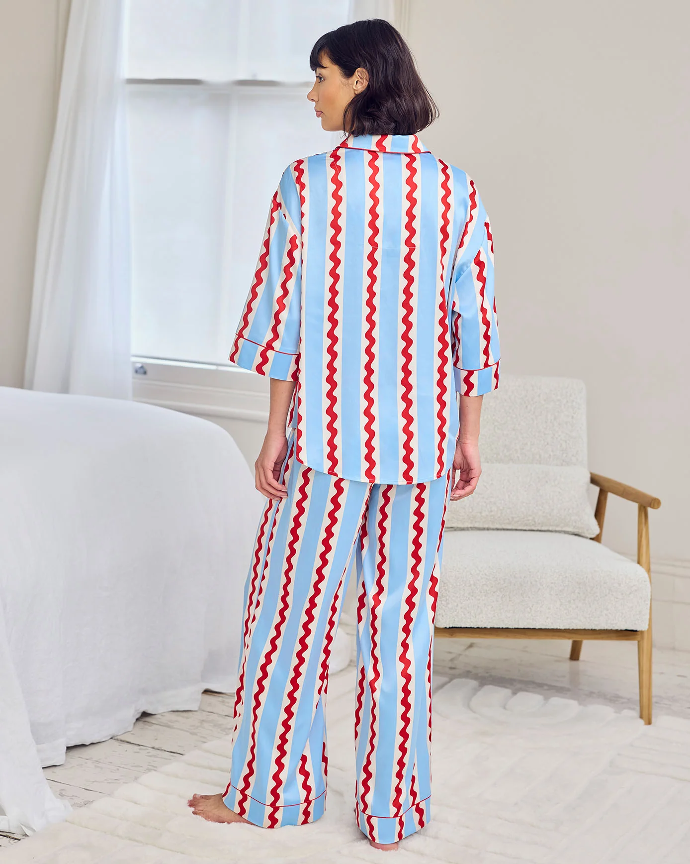 Satin Wavy Stripe Long Pyjama Set - Red, White & Blue - Image 4