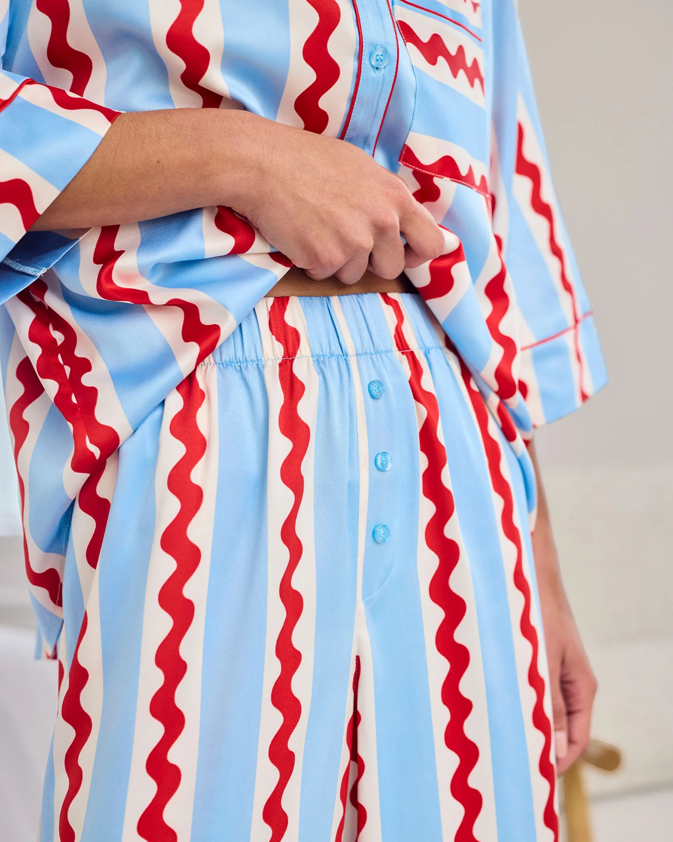 Satin Wavy Stripe Long Pyjama Set - Red, White & Blue - Image 5