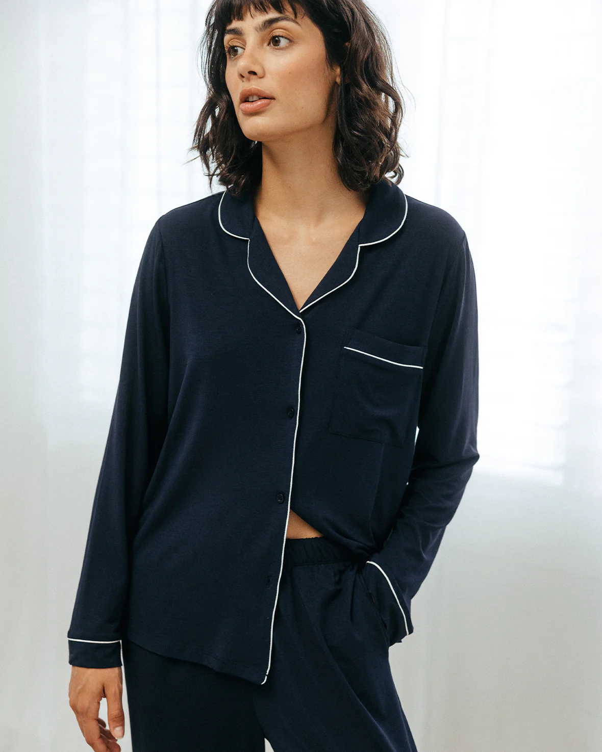 TENCEL™ Modal Long Button Up Pyjama Set - Navy - Image 4