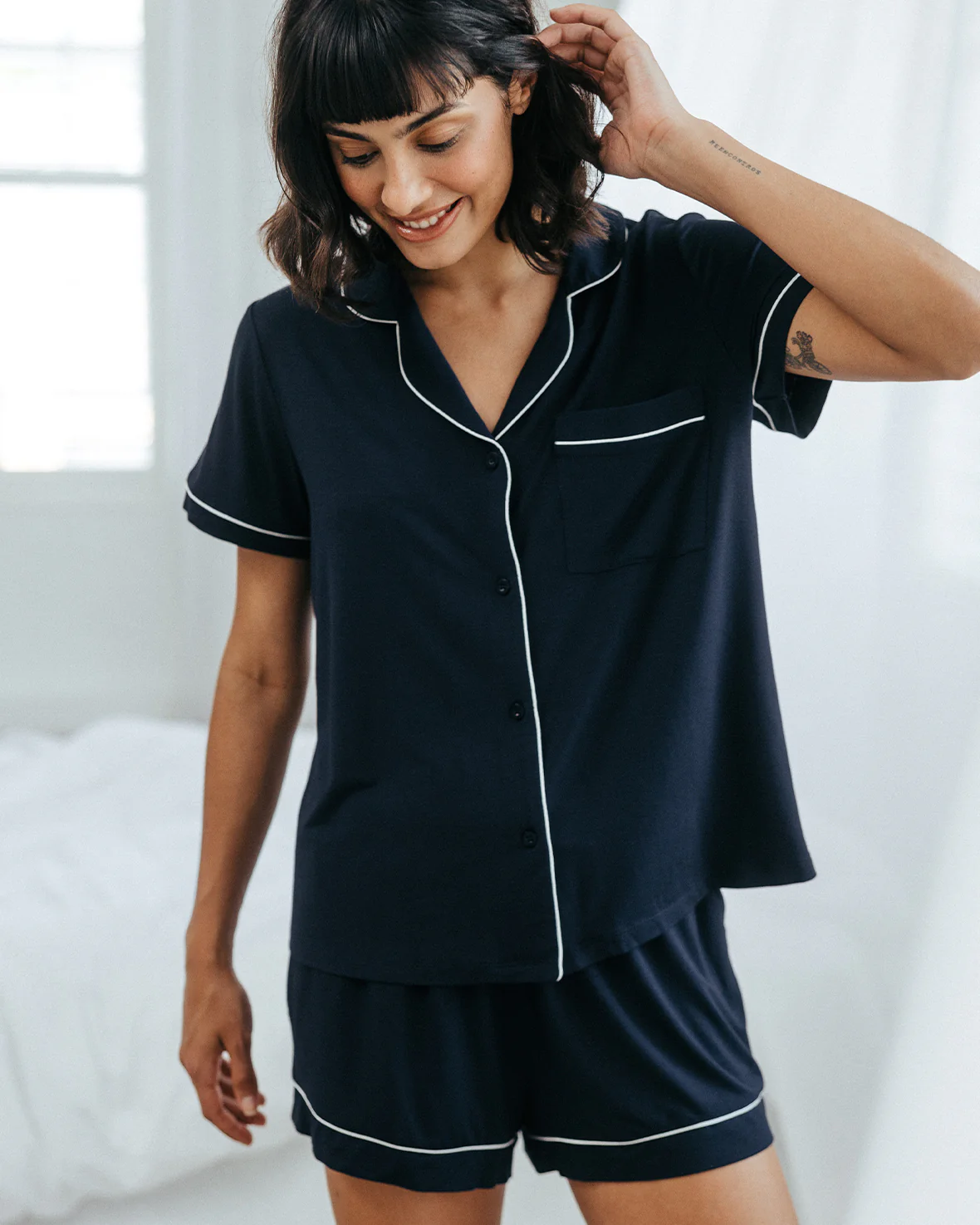 TENCEL™ Modal Short Button Up Pyjama Set - Navy - Image 4