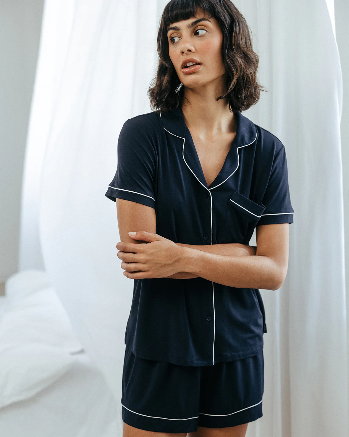 TENCEL™ Modal Short Button Up Pyjama Set - Navy - Image 5